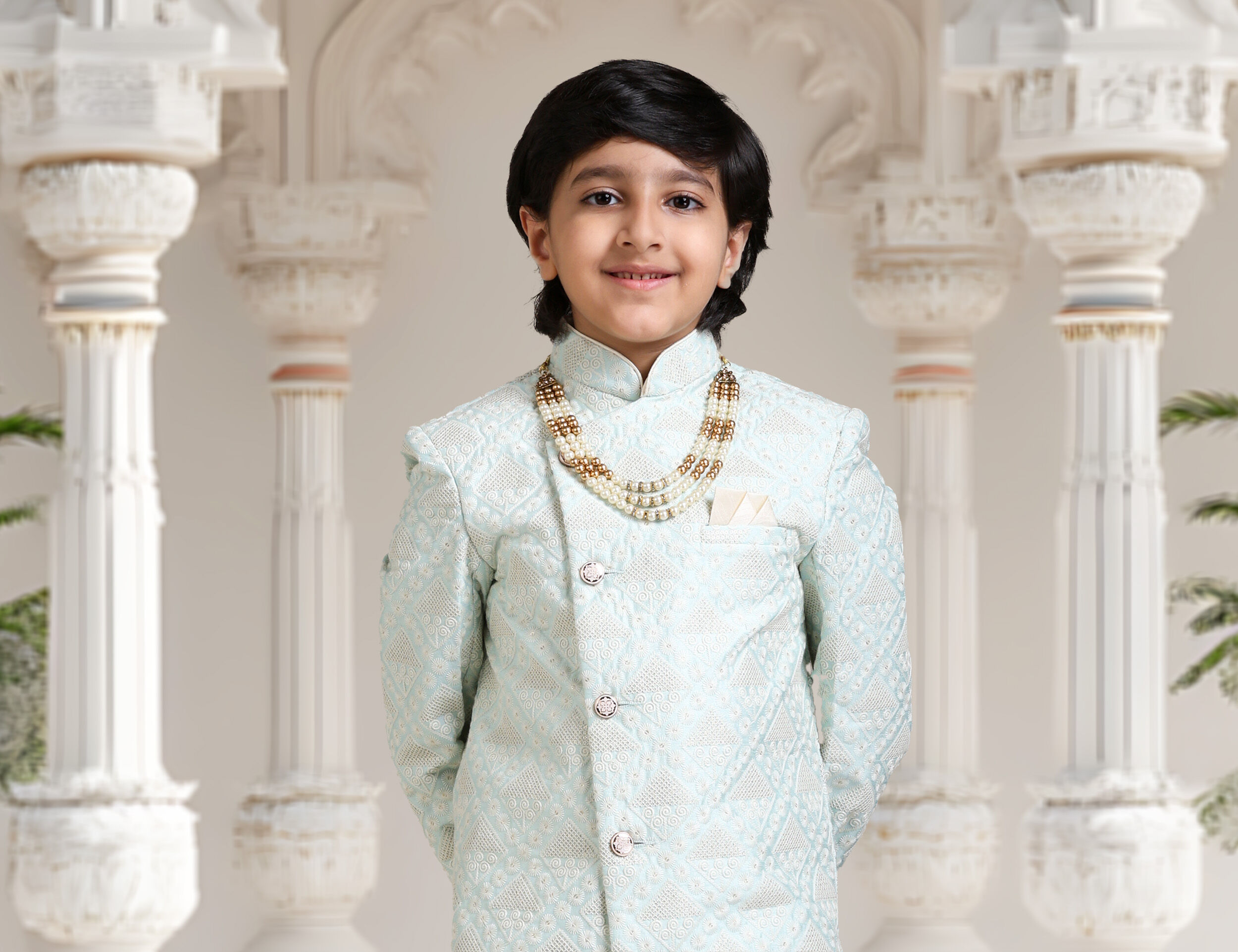 A boy in stylish indo western sherwani to shine in wedding ceremony